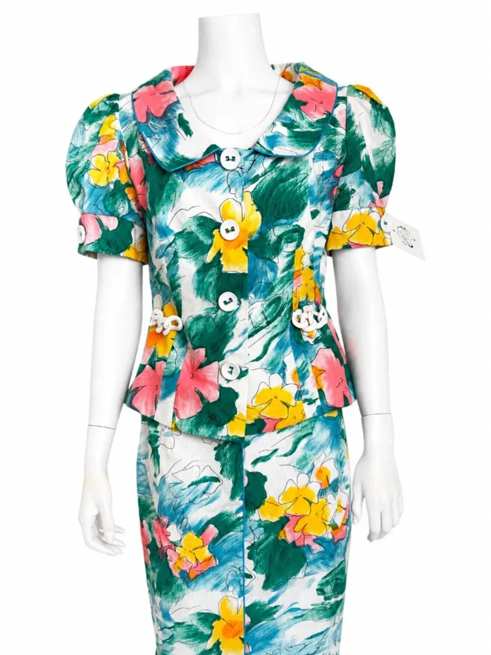 Vintage Equateur Paris Floral 2pc Skirt Suit French Puff Sleeve Set NOS Sz 42